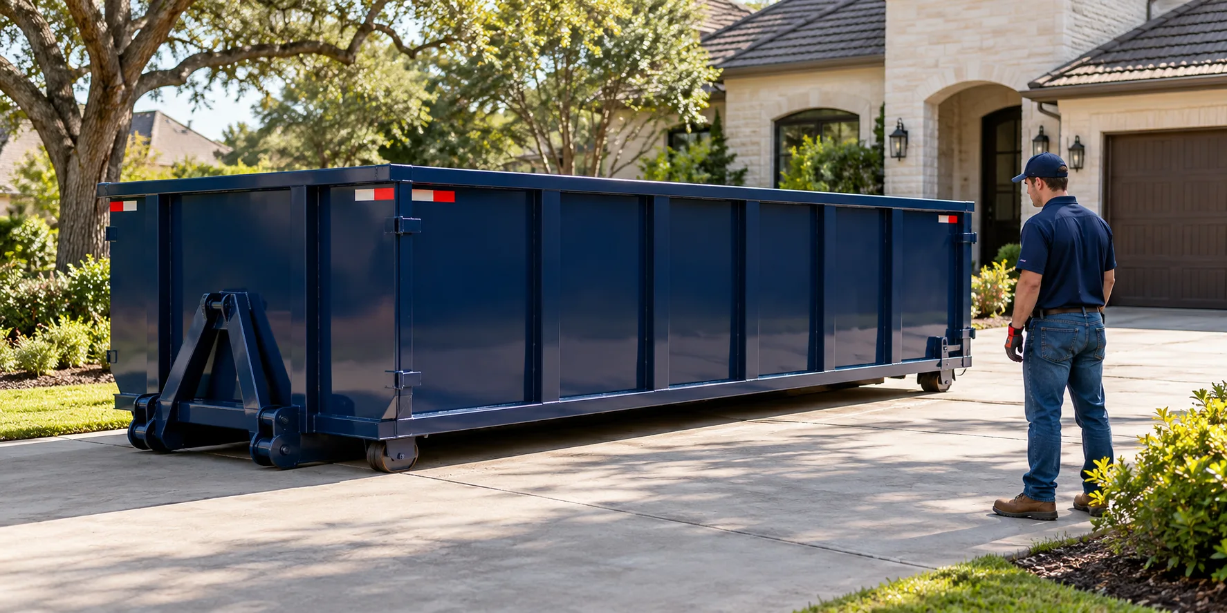 20-yard navy dumpster placed in a Houston driveway