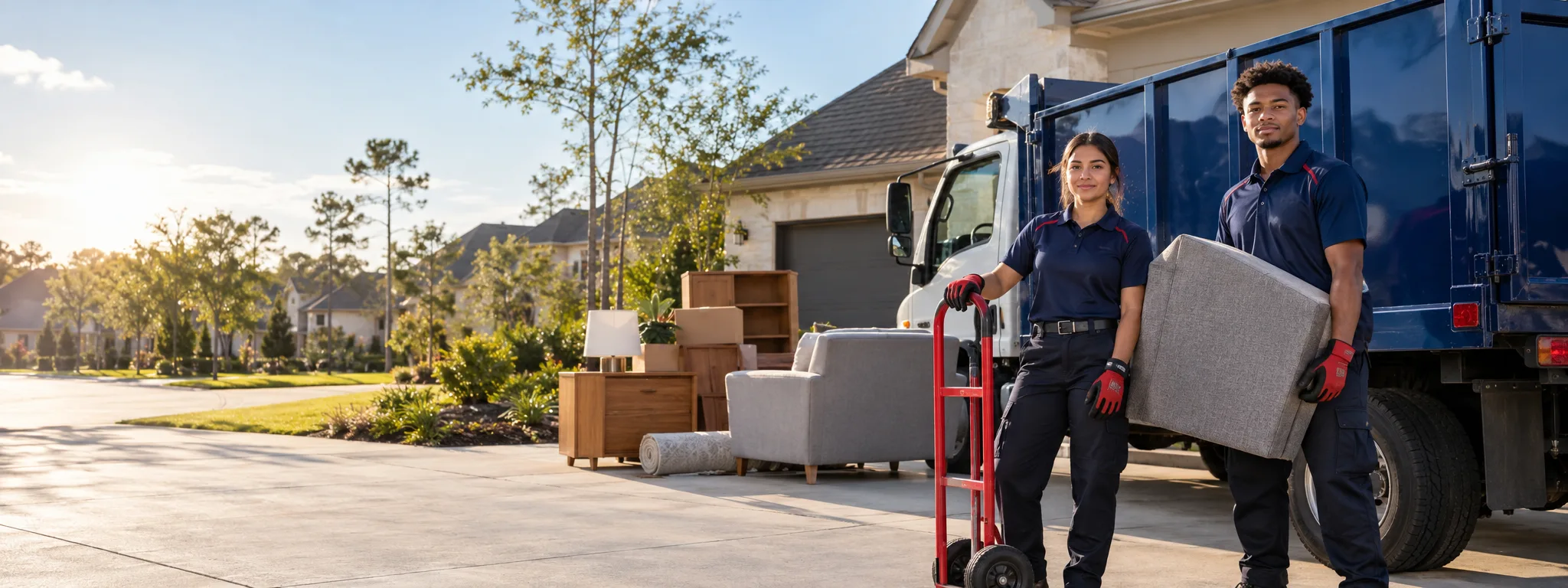 Friendly Junkx Removal crew with a hauling truck in a Houston neighborhood